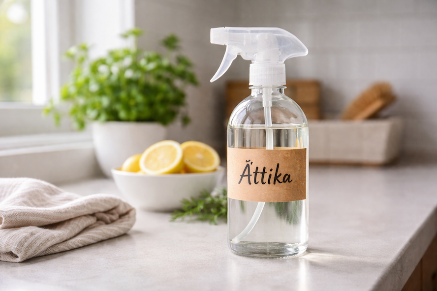 sprayflaska-med-attika-for-naturlig-rengoring-i-hemmet-16×9 Sprayflaska med ättika för naturlig rengöring på köksbänk, med citroner och städprylar i bakgrunden.